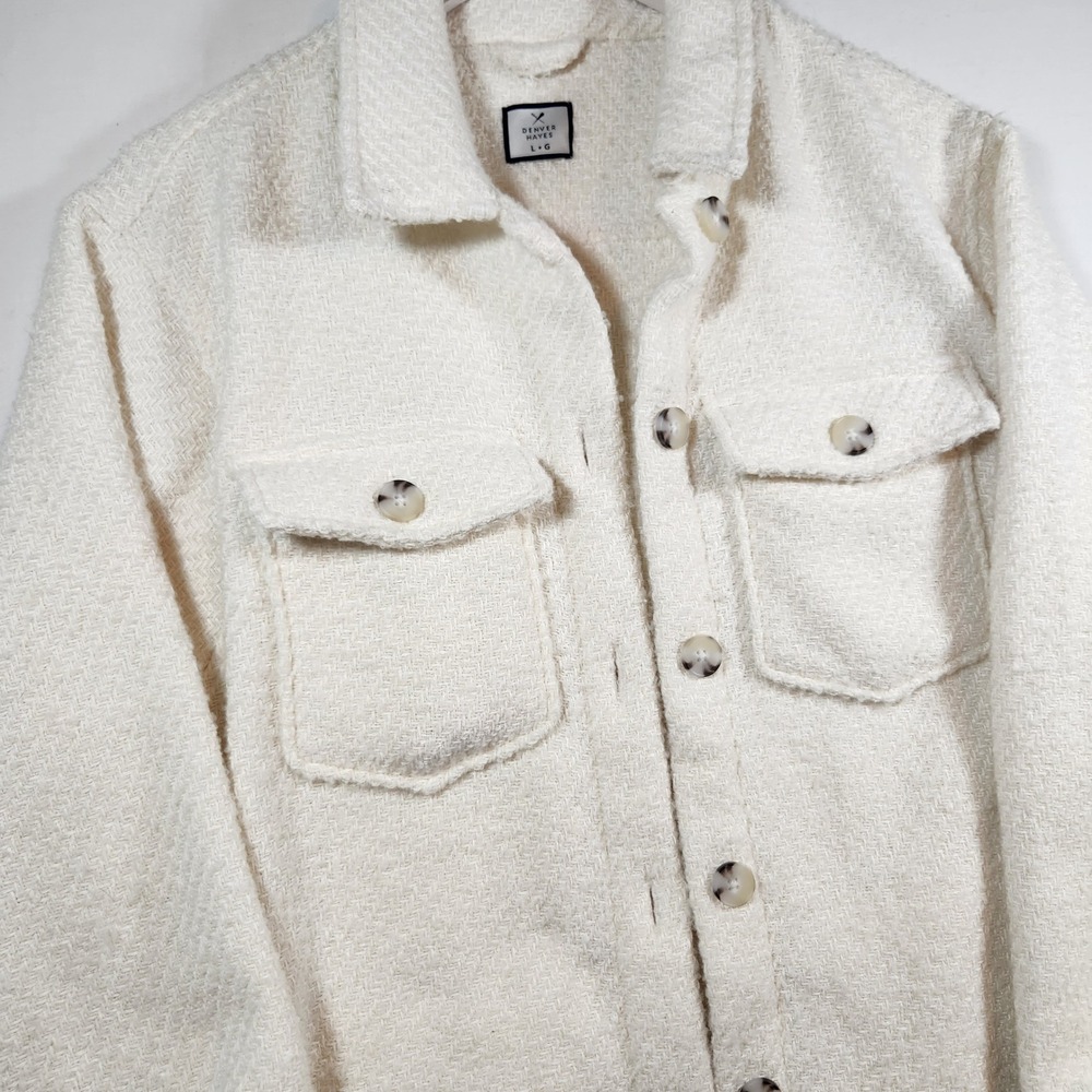 Denver Hayes Cream Herringbone Textured Shacket Button Up Shirt Jacket L - Picture 3 of 8